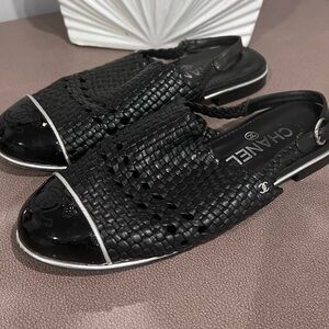 CHANEL Black Textured Slingback Sandals
